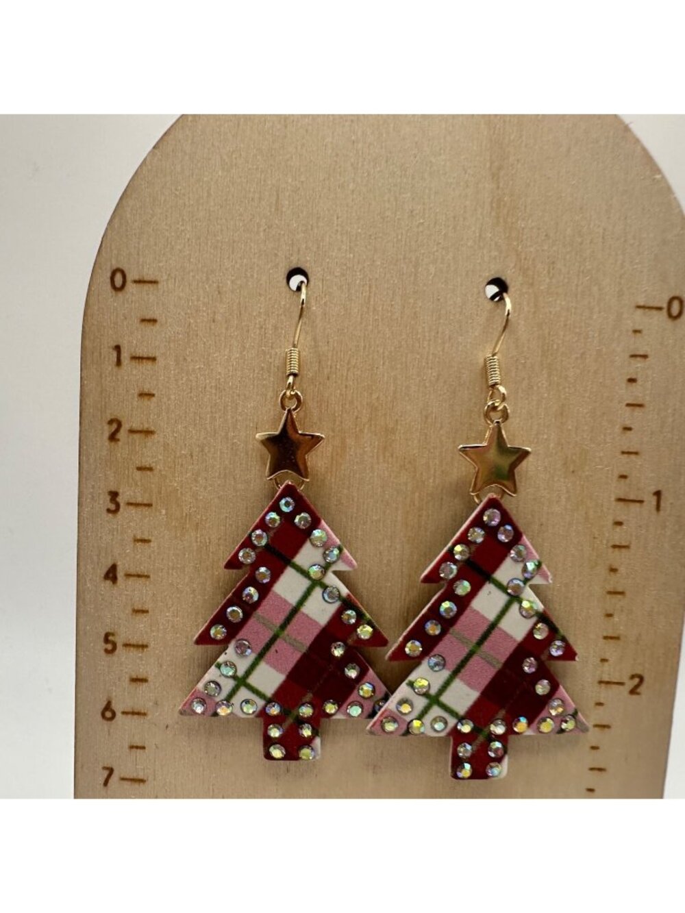 Red White Plaid Christmas Tree Rhinestone Crystal Gold Star Fish Hook Earrings